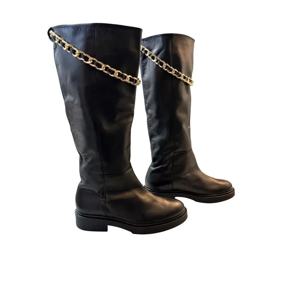 Anthropologie Alohas Pier Black Leather Chain Boots Size 40 NWOT